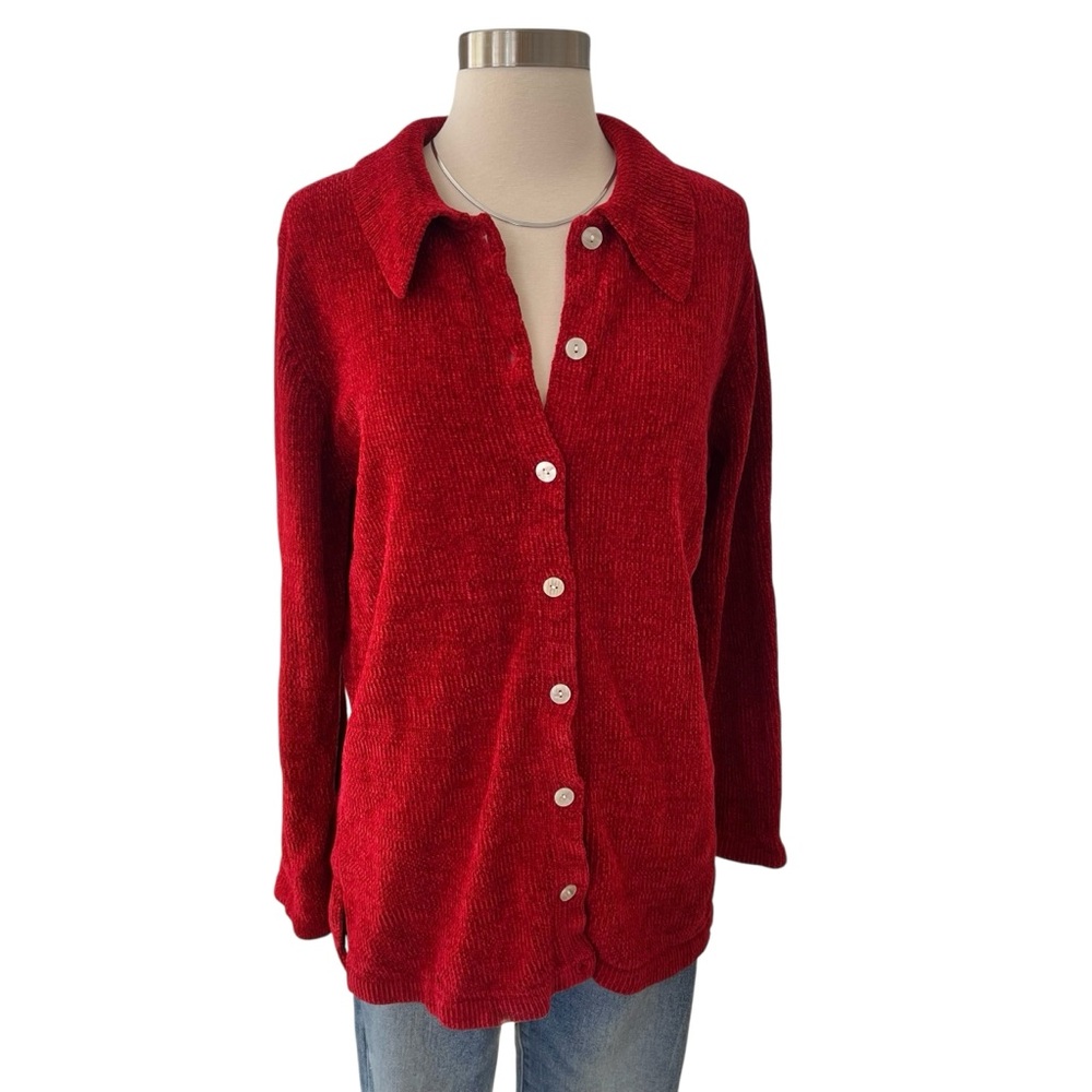 Vintage 90s Denim & Co. red chenille cardigan sweater S - Picture 3 of 15